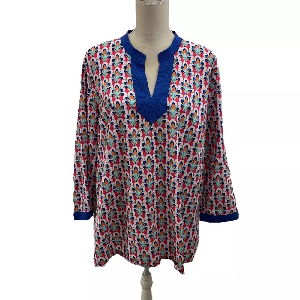 Talbots Floral Woven Tunic Top Women’s XL 3/4 Sleeve Lightweight Blue Red